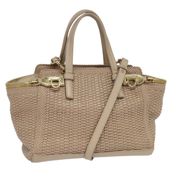 Salvatore Ferragamo Gancini Hand Bag Leather 2way Pink Gold Auth 137425 - Picture 1 of 16